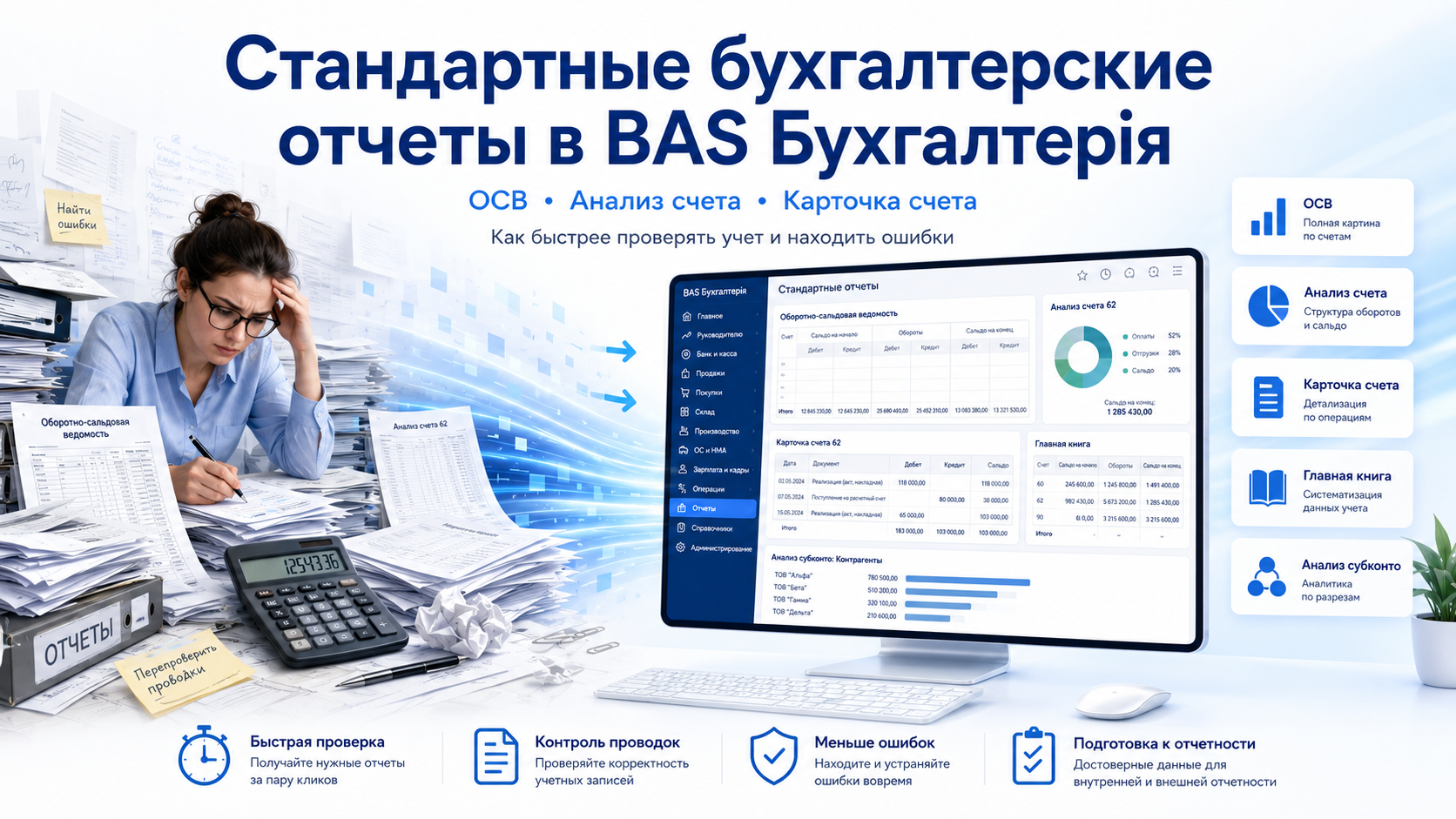 Стандартные бухгалтерские отчеты в BAS Бухгалтерія: ОСВ, анализ счета, карточка счета