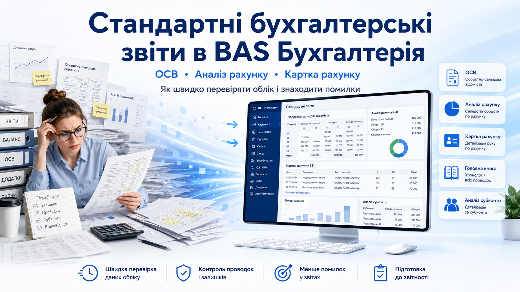 Стандартні бухгалтерські звіти в BAS Бухгалтерія: ОСВ, аналіз рахунку, картка рахунку