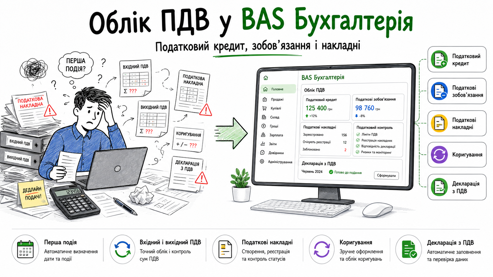 Облік ПДВ у BAS Бухгалтерія: податковий кредит, зобов’язання і накладні