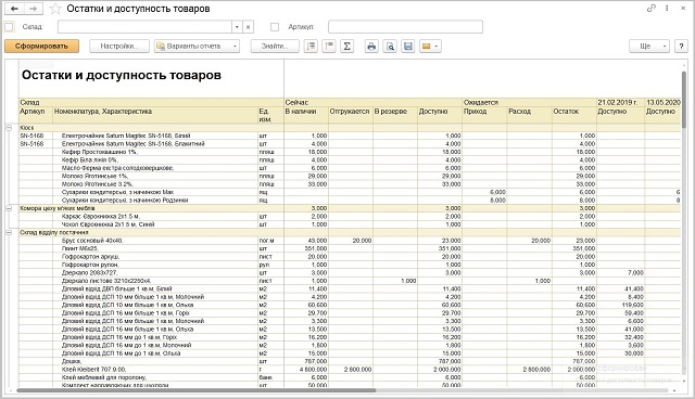 Отчет «Остатки и доступность товаров» BAS Комплексное управление предприятием