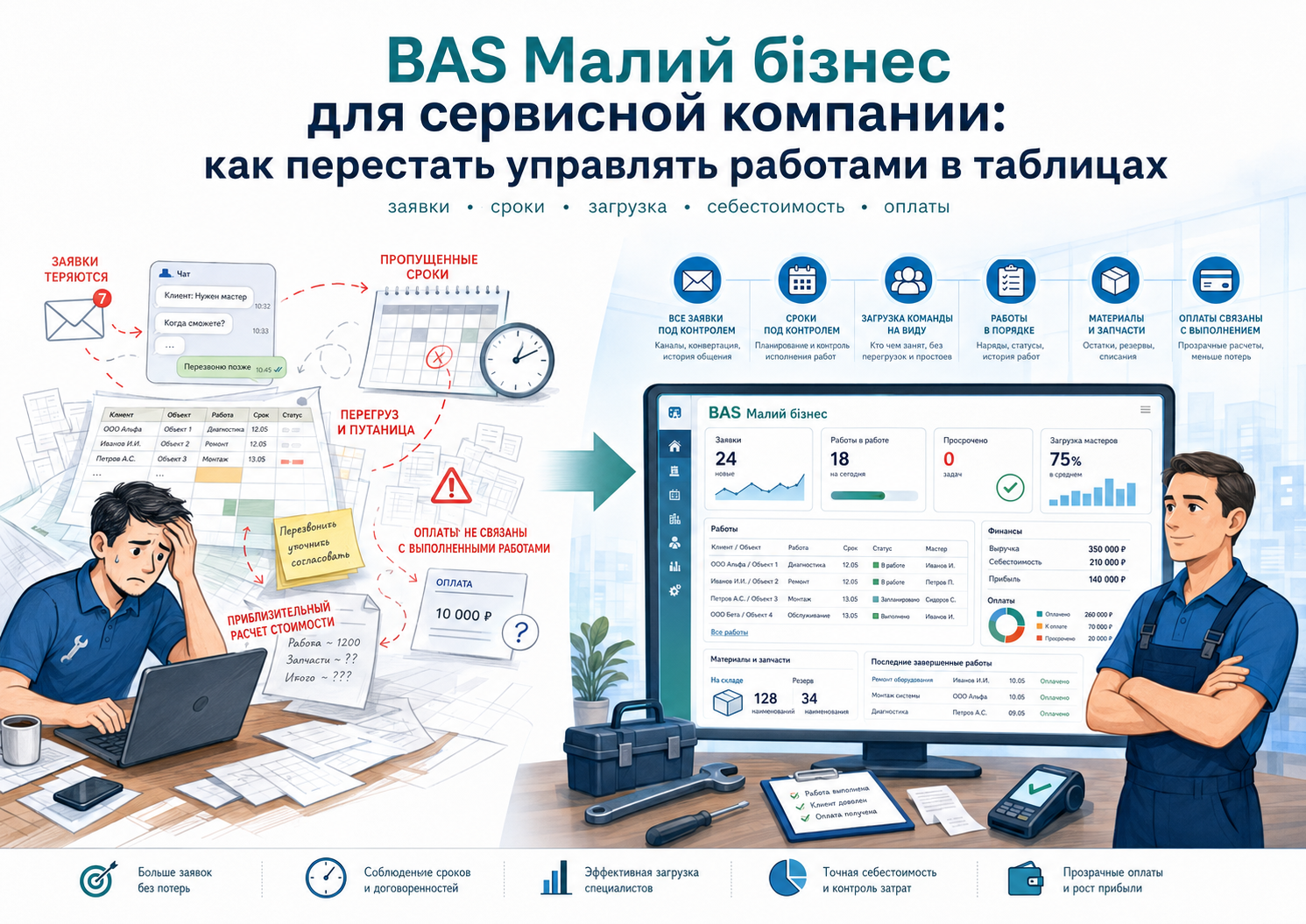 BAS Малий бізнес для сервисной компании: как перестать управлять работами в таблицах